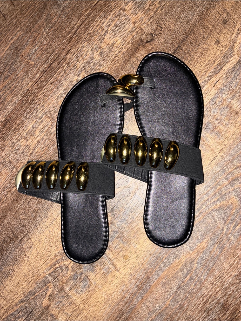 SHEIN Black Slide Sandals with Gold Embellishments